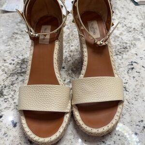 Valentino Rockstud Cream Leather Espadrille Ankle-Strap Wedges